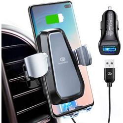 DesertWest Wireless Car Charger Phone Mount, Auto-Clamp Fast Charger Qi-Certified Cell Phone Air Vent Holder for QI Smartphones (+QC 3.0 Charger Adapter) (Black)