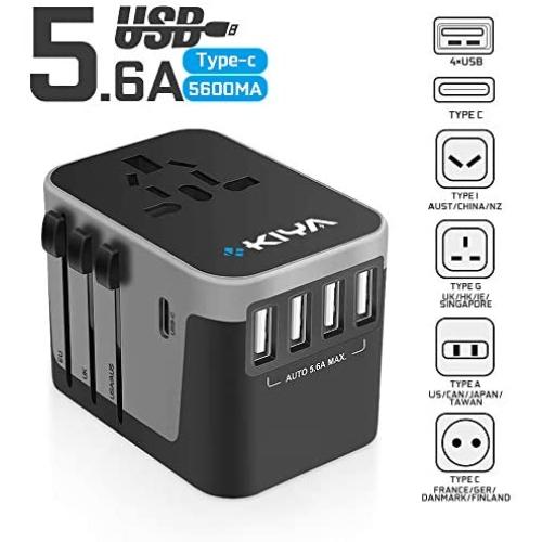 KIYA Power Plug Adapter, International travel Adapter with Quick Charge 5.6A Max 4 USB & 1 USB-C Port , for USA , UK, Euro,  AU, EU - 160 Countries with Type C A G I A/C