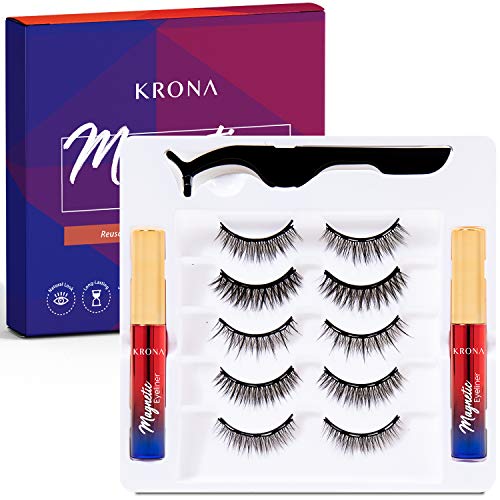 KRONA Magnetic Eyelashes with Eyeliner - Magnetic Eyelashes and Eyeliner - Eyelashes with Natural Look - Comes with Applicator - No Glue Needed