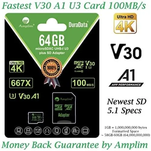 64GB Micro SD Card Plus Adapter - Amplim V30 A1 100MB/s 667X 64 GB MicroSDXC Memory Card Pack (Class 10 U3 UHS I TF XC) MicroSD SDXC Card - Cell Phone, Drone, Camera, GoPro Hero, Fire, Nintendo, DJI 64GB Micro SD Card Plus Adapter - Amplim V30 A1 100MB/s 667X 64 GB MicroSDXC Memory Card Pack (Class 10 U3 UHS I TF XC) MicroSD SDXC Card - Cell Phone, Drone, Camera, GoPro Hero, Fire, Nintendo, DJI