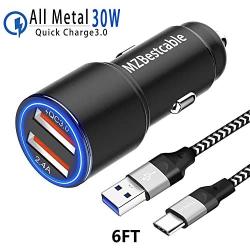 Metal USB Car Charger Adapter for LG Velvet,V60 G8 Thinq Reflect,Harmony 4,G7 G8X Stylo 6 4 5 k51 Q70 Moto G Fast/G Stylus,2-Port:Quick Charge 3.0/5.4A+6FT USB C Cord