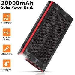 Solar Charger 20000mAh, Portable Phone Charger External Battery Pack, Compatible with iPhone Samsung Tablets & More, Type-C and Micro USB Inputs, 3 Outputs, Flashlight, Lanyard, IP54 Rainproof