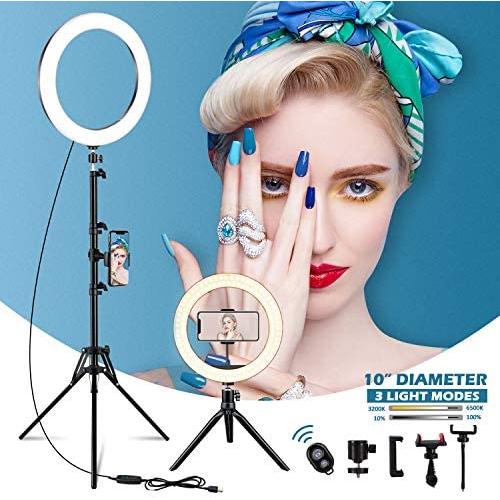 Selfie Ring Light with Tripod Stand, SONATA 10” LED Ring Light with 3 Light Modes 10 Brightness, Dimmable Makeup Light for YouTube TIK Tok Live Streaming Compatible for iPhone Android Phone