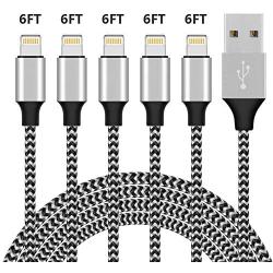 iPhone Charger,YEFOOT MFi Certified Lightning Cable 5PACK 6FT Nylon Woven USB Charging Cable with Metal Connector Compatible iPhone 11/Pro/Xs Max/X/8/7/Plus/6S/6/SE/5S iPad-Black&White