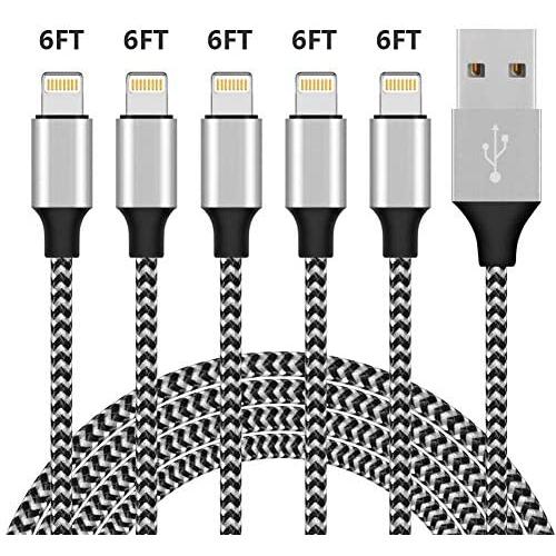 iPhone Charger,YEFOOT MFi Certified Lightning Cable 5PACK 6FT Nylon Woven USB Charging Cable with Metal Connector Compatible iPhone 11/Pro/Xs Max/X/8/7/Plus/6S/6/SE/5S iPad-Black&White