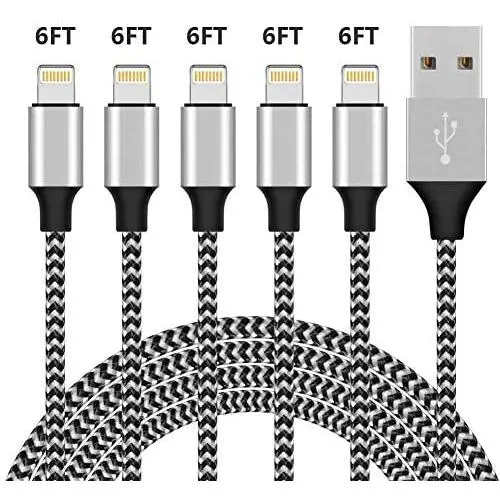 iPhone Charger,YEFOOT MFi Certified Lightning Cable 5PACK 6FT Nylon Woven USB Charging Cable with Metal Connector Compatible iPhone 11/Pro/Xs Max/X/8/7/Plus/6S/6/SE/5S iPad-Black&White iPhone Charger,YEFOOT MFi Certified Lightning Cable 5PACK 6FT Nylon Woven USB Charging Cable with Metal Connector Compatible iPhone 11/Pro/Xs Max/X/8/7/Plus/6S/6/SE/5S iPad-Black&White