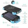 Solar Power Bank, Qi Portable Charger 10,000mAh External Battery Pack Type C Input Port Dual Flashlight, Compass, Solar Panel Charging(Light Blue)