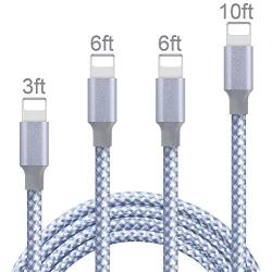 Manords Phone Charger, 4 Pack(3+6+6+10ft) Long High-Speed Nylon Braided Phone Cable Compatible with Phone Xs/Max/XR/X/8/8Plus/7/7Plus/6S/6S Plus and More (Gray White)