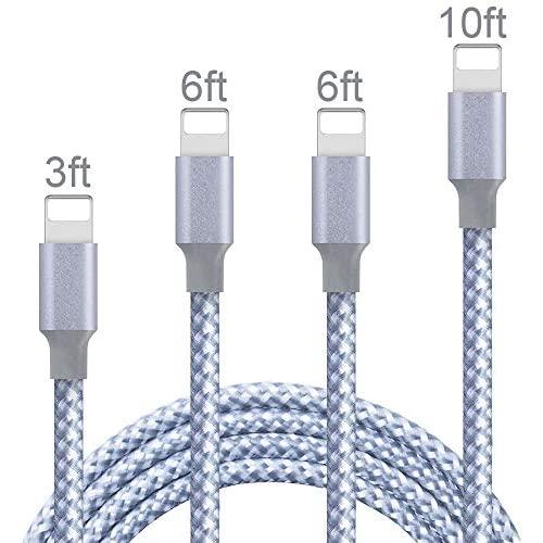 Manords Phone Charger, 4 Pack(3+6+6+10ft) Long High-Speed Nylon Braided Phone Cable Compatible with Phone Xs/Max/XR/X/8/8Plus/7/7Plus/6S/6S Plus and More (Gray White)