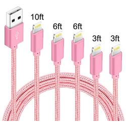 5Pack(3ft 3ft 6ft 6ft 10ft) iPhone Lightning Cable Apple MFi Certified Braided Nylon Fast Charger Cable Compatible iPhone Max XS XR 8 Plus 7 Plus 6s 5s 5c Air iPad Mini iPod (Rose)