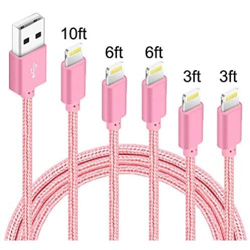 5Pack(3ft 3ft 6ft 6ft 10ft) iPhone Lightning Cable Apple MFi Certified Braided Nylon Fast Charger Cable Compatible iPhone Max XS XR 8 Plus 7 Plus 6s 5s 5c Air iPad Mini iPod (Rose)