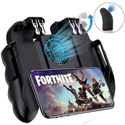 Mobile Game Controller with Cooling Fan/Phone Holder/Finger Sleeves for PUBG/Fortnite/Call of Duty, Tomoda L1R1 Mobile Triggers for 4.7”-6.5” iOS Android Phones