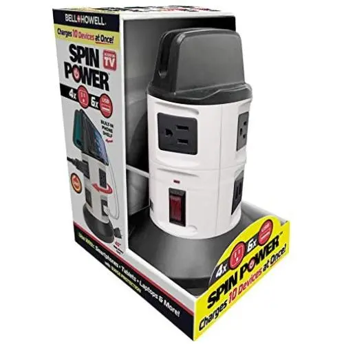 Spin Power by Bell+Howell Surge Protector Electric Charging Station 4 Outlets 6 USB Ports with 7ft Retractable Cord Built-in Phone Holder As Seen On TV Spin Power by Bell+Howell Surge Protector Electric Charging Station 4 Outlets 6 USB Ports with 7ft Retractable Cord Built-in Phone Holder As Seen On TV