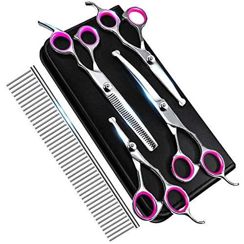 6CR Stainless Steel Dog Grooming Scissors Kit with Safety Round Tip, Heavy Duty Titanium Pet Grooming Trimmer Kit - Thinning, Straight, Curved Shears and Comb for Long Short Hair for Cat Pet