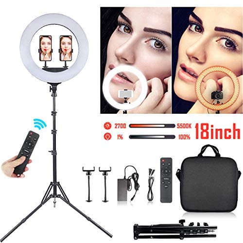 18" Selfie Ring Light with Tripod Stand & Cell Phone Holder for Live Stream/Makeup | Dimmable Mini Floor Table Camera Ringlight for YouTube Video/Photography Compatible with iPhone Android