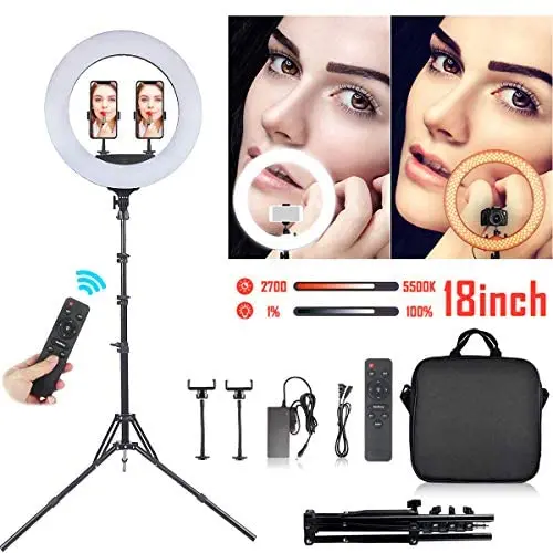 18" Selfie Ring Light with Tripod Stand & Cell Phone Holder for Live Stream/Makeup | Dimmable Mini Floor Table Camera Ringlight for YouTube Video/Photography Compatible with iPhone Android 18" Selfie Ring Light with Tripod Stand & Cell Phone Holder for Live Stream/Makeup | Dimmable Mini Floor Table Camera Ringlight for YouTube Video/Photography Compatible with iPhone Android