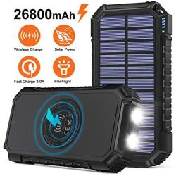 Solar Power Bank 26800mAh, Riapow Wireless Portable Charger Fast Charge 3.0A Solar Charger External Battery with 4 Outputs & LED Flashlight Phone Chargers for Phone, Tablet and Camping Outdoors