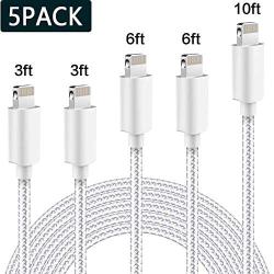 iPhone Charger MFi Certified Lightning Cable SANYEYE 5Pack(3/3/6/6/10ft) Nylon Braided Fast Charging & Sync Compatible iPhone 11/ Pro/Max/X/XS/XR/XS Max/ 8/ Plus/7/7 Plus/6/6S/6 Plus