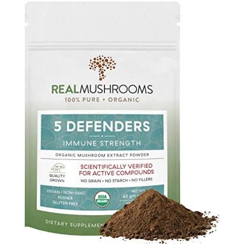 5 Defenders Organic Mushroom Extract Blend for Immune Support & Digestion, 45g Vegan Chaga, Reishi, Shiitake, Maitake & Turkey Tail Powder for Stress & Better Mood, Verified Levels of Beta-Glucans