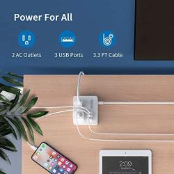 NTONPOWER Travel Power Strip 2 Outlets 3 USB Charging Ports Small Power Station with 3.3ft Extension Cord for Smartphone Tablets Cruise Hotel Office Bedside Table - White