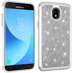 Galaxy J7 Refine/J7 2018/J7 Star/J7 Top/J7 Aura/J7 Aero/Crown/Eon Glitter Case,Luxury Glitter Sparkle Bling Case,Hybrid PC Silicone Faux Leather Cover,Dual Layer Armor Protective Phone Case Gray