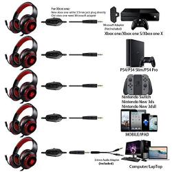 Pacrate Gaming Headset for PS4 Xbox One PC with Noise Cancelling Microphone Stereo Surround Sound Headphone with LED Light Intense Bass for Computer Laptop Mac (Black Red)