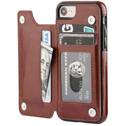 OT ONETOP iPhone 8 Wallet Case with Card Holder, iPhone 7 Case iPhone SE(2020) Wallet Premium PU Leather Kickstand Card Slots,Double Magnetic Clasp and Durable Shockproof Cover 4.7 Inch(Brown)