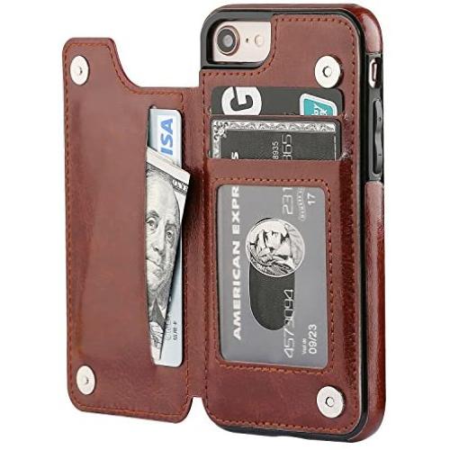 OT ONETOP iPhone 8 Wallet Case with Card Holder, iPhone 7 Case iPhone SE(2020) Wallet Premium PU Leather Kickstand Card Slots,Double Magnetic Clasp and Durable Shockproof Cover 4.7 Inch(Brown)