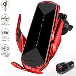 Wireless Car Charger 15W Fast Charging Touch Sensing Auto-Clamping Car Wireless Charger Air Vent Clip Car Phone Mount for iPhone SE/11/11 Pro Series/X/XR/8, Samsung Galaxy S20 S10 Note10/9 (Q1-Red)