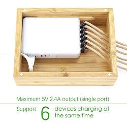 PORSTA Bamboo Chargeing Station with 4/5/6 Ports, Wood Desktop Charger Dock for Multiple Devices, USB Quick Charge for Apple Watch, AirPods, iPhone, iPad, Android Smartphones, Tablets.