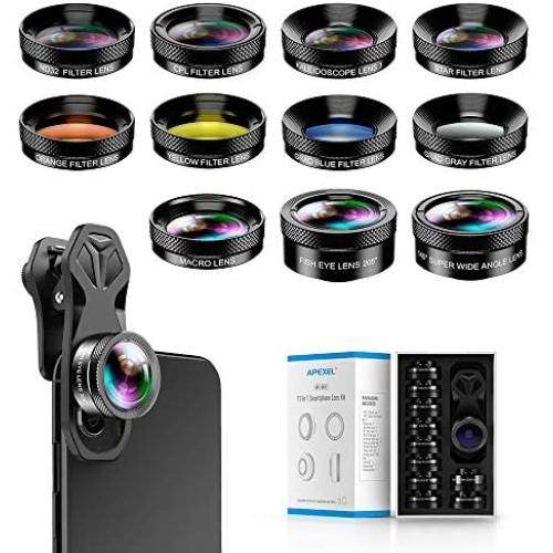Apexel 11 in 1 Phone Camera Lens Kit - Wide Angle Lens & Macro Lens+Fisheye Lens/ND32/kaleidoscope/CPL/Color Lens Compatible with iPhone Samsung Sony and Most of Smartphone