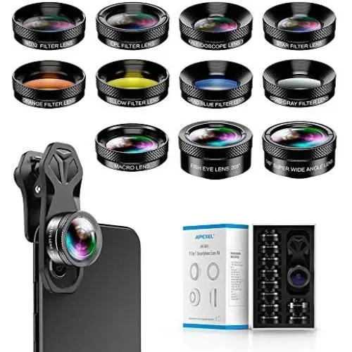 Apexel 11 in 1 Phone Camera Lens Kit - Wide Angle Lens & Macro Lens+Fisheye Lens/ND32/kaleidoscope/CPL/Color Lens Compatible with iPhone Samsung Sony and Most of Smartphone