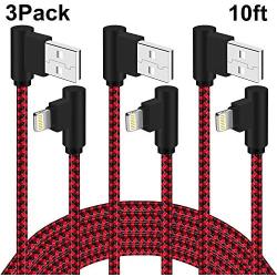 90 Degree Lightning Cable 10 FT Right Angle 3 Pack iPhone Charger Cable Charging and Syncing Cord Extra Long Nylon Braided for iPhone/iPad (Red Black,10Foot)