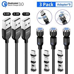 360° & 180° Rotation Magnetic Charging Cable, 3A Fast Charging Data Transfer USB Magnetic Cable, Nylon Braided 3 in 1 USB C,Micro USB Phone Charger Cable Compatible with iProduct (Black)