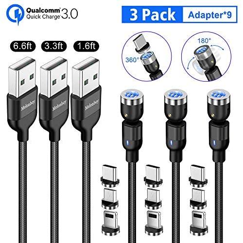 360° & 180° Rotation Magnetic Charging Cable, 3A Fast Charging Data Transfer USB Magnetic Cable, Nylon Braided 3 in 1 USB C,Micro USB Phone Charger Cable Compatible with iProduct (Black)