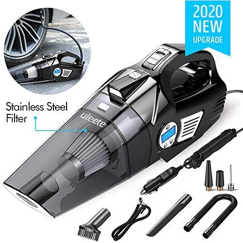 Uleete 2 in 1 Portable Car Vacuum Cleaner with Digital Air Compressor Pump, Auto Shut Off Feature, High Power 6000PA Handheld Vacuum w/Light, 14.8FT Power Cord, for Wet/Dry Use, Stainless Steel HEPA