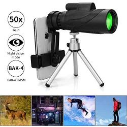 Monocular Telescope, 12X50 HD Low Night Vision Waterproof- Shockproof High Power and Phone Adapter, Tripod Holder for Bird Watching Hunting Camping Hiking Travelling Secen[Best Telescope 2020]