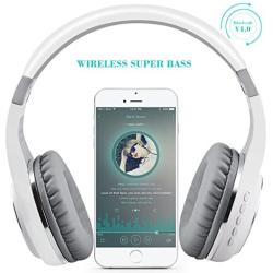 Bluetooth Headphones, Riwbox XBT-80 Folding Stereo Wireless Bluetooth Headphones Over Ear with Microphone and Volume Control, Wireless and Wired Headset for PC/Cell Phones/TV/ipad (Sliver White)