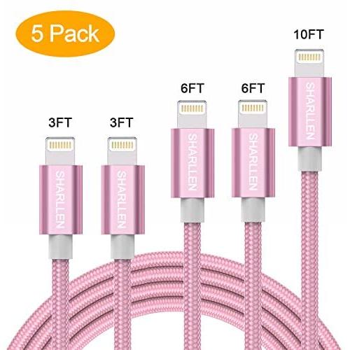 SHARLLEN Phone Cable 5Pack [3/3/6/6/10FT] Nylon Braided USB Charging & Syncing Extra Long Cord Compatible iPhone X/8/8 Plus/7/7 Plus/6s/6s Plus/SE/iPad iPod Nano (Rose Gold)…
