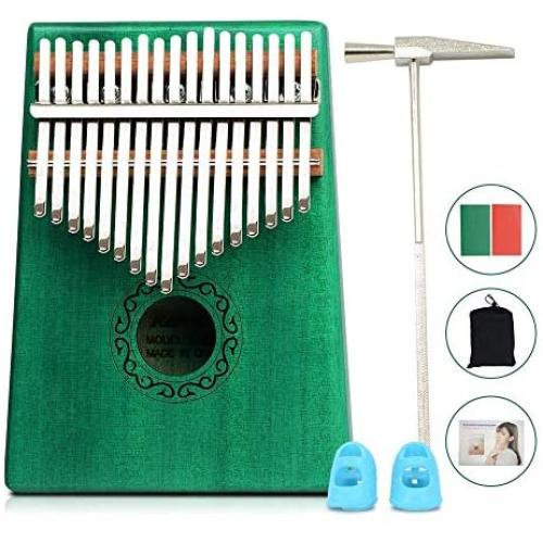 Apelila 17 Key Kalimba Thumb Piano, Solid Mahogany Wood Body Finger Piano with Tune Hammer,Carry Bag,Pickup,Key Stickers(Green)