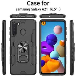 Phone Case for Samsung Galaxy A21 with Tempered Glass Screen Protector Cover and Magnetic Stand Ring Holder Slim Hybrid Hard Cell Accessories Glaxay A 21 21A A21Case GalaxyA21 A215 2020 Cases Black