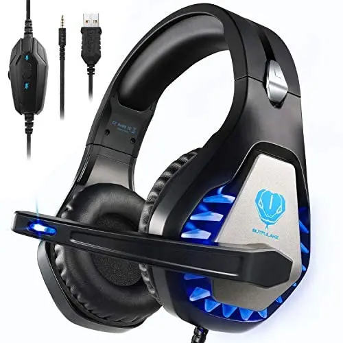 BUTFULAKE GH-1 Gaming Headset for PS4, Xbox One, Xbox One S, PC, Nintendo Switch, Mac, Laptop, Computer, 3.5mm Wired Pro Stereo Over Ear Gaming Headphones with Noise Cancelling Mic &LED Light, Blue