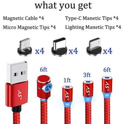 Magnetic Charging Cable, A.S 3 in 1 Magnetic Phone Charger Cable, Compatible with Mirco USB, Type C Smartphone and iProduct Device (4 Pack,1ft/3ft/6ft/6ft)