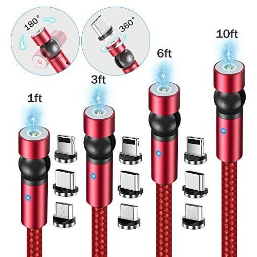 TOPK Magnetic Charging Cable,(4-Pack,1ft/3ft/6ft/10ft) 540 Degree Magnetic Phone Charger,3-in-1 USB Magnetic Cable Compatible with Micro USB,Type C and iProducts(Red,Gen1)