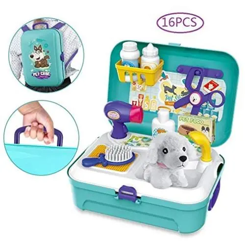 BeebeeRun Vet Kit Pet Care Play Set 16 PCS Dog Grooming Kit with Backpack Educational Pretend Play Toy for Toddlers Kids Children Age 3 Up