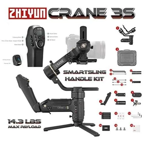 Zhiyun Crane 3S Smartsling Kit 3-Axis Handheld Stabilizer Gimbal for Sony, Nikon, Canon, Panasonic, Pentax, Samsung, Mirrorless DSLR Cameras. Max Payload 14.3 Lbs. (2020 Version) Zhiyun Crane 3S Smartsling Kit 3-Axis Handheld Stabilizer Gimbal for Sony, Nikon, Canon, Panasonic, Pentax, Samsung, Mirrorless DSLR Cameras. Max Payload 14.3 Lbs. (2020 Version)