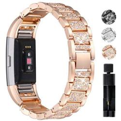 Valchinova Fitbit Charge 2 Band with Bling Rhinestone Adjustable Metal Fitbit Charge 2 Strap Bracelet Replacement Black Silver Rose Gold (Rose Gold)