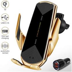 Wireless Car Charger 15W Fast Charging Touch Sensing Auto-Clamping Car Wireless Charger Air Vent Clip Car Phone Mount for iPhone SE/11/11 Pro Series/X/XR/8, Samsung Galaxy S20 S10 Note10/9 (Q1-Gold)