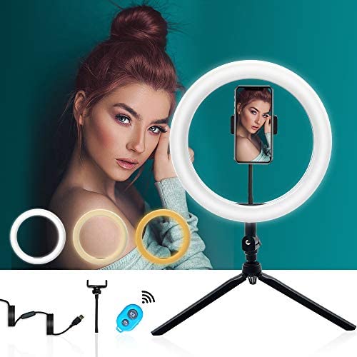 YICOE Selfie Ring Light 10" LED Ring Light with Tripod Stand & Phone Holder Dimmable Desktop Ringlight 3 Colors 10 Brightness Remote Control for Phone Photography Makeup YouTube Video Live Streaming