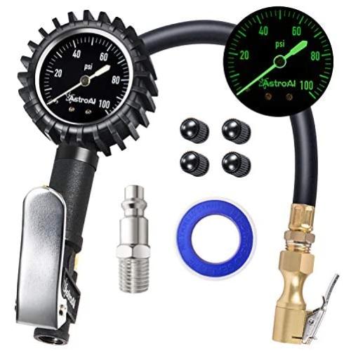 AstroAI Upgraded 100 PSI Tire Inflator with Pressure Gauge, Heavy Duty with Large 2" Easy Read Glow Dial, Air Chuck, Quick Connect Coupler and Rubber Hose Compressor Accessories